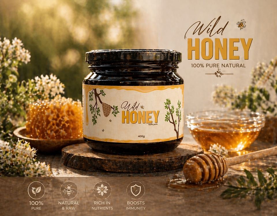 Jar of 100% pure natural wild honey from Joshua Farms